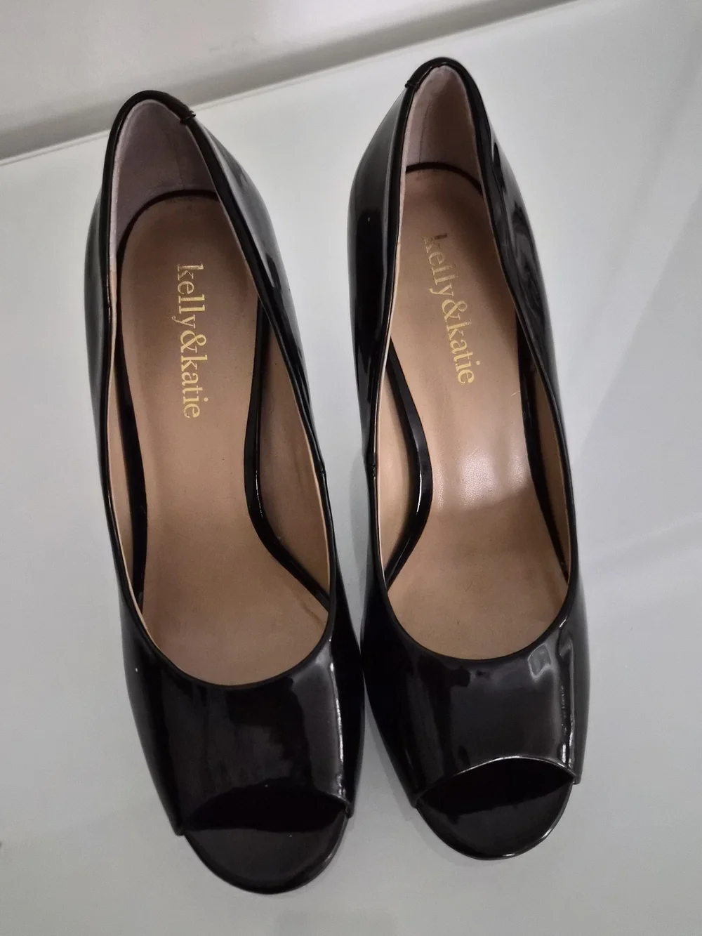 Kelly & Katie Black Patent Peep-Toe Heels